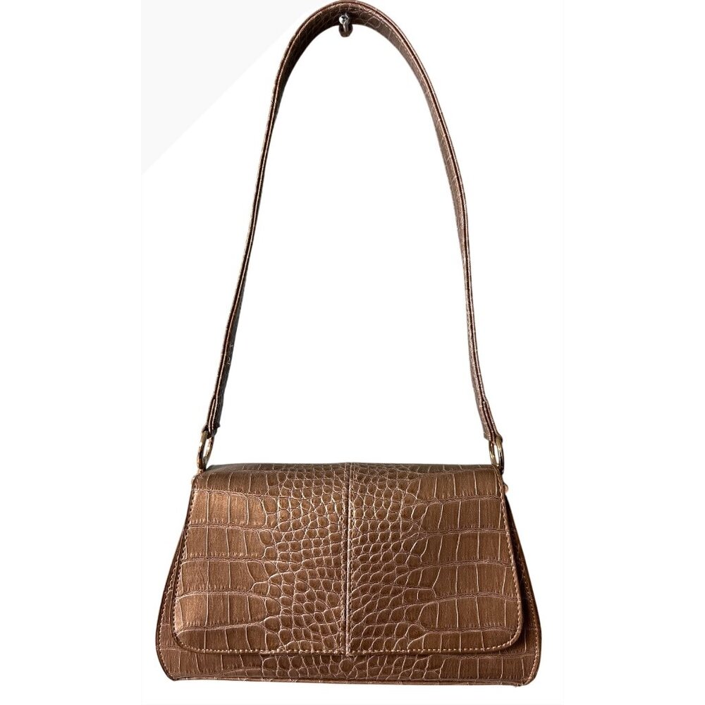 Liz Claiborne Croc Embossed Shoulder Bag In Metallic Bronze Snap Closure Compact